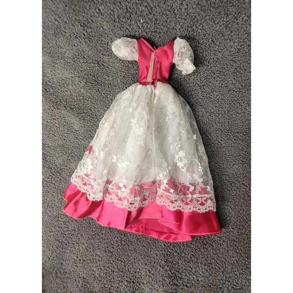 Vintage Pink Satin and White Lace Doll Ball Gown Dress with Puff Sleeves